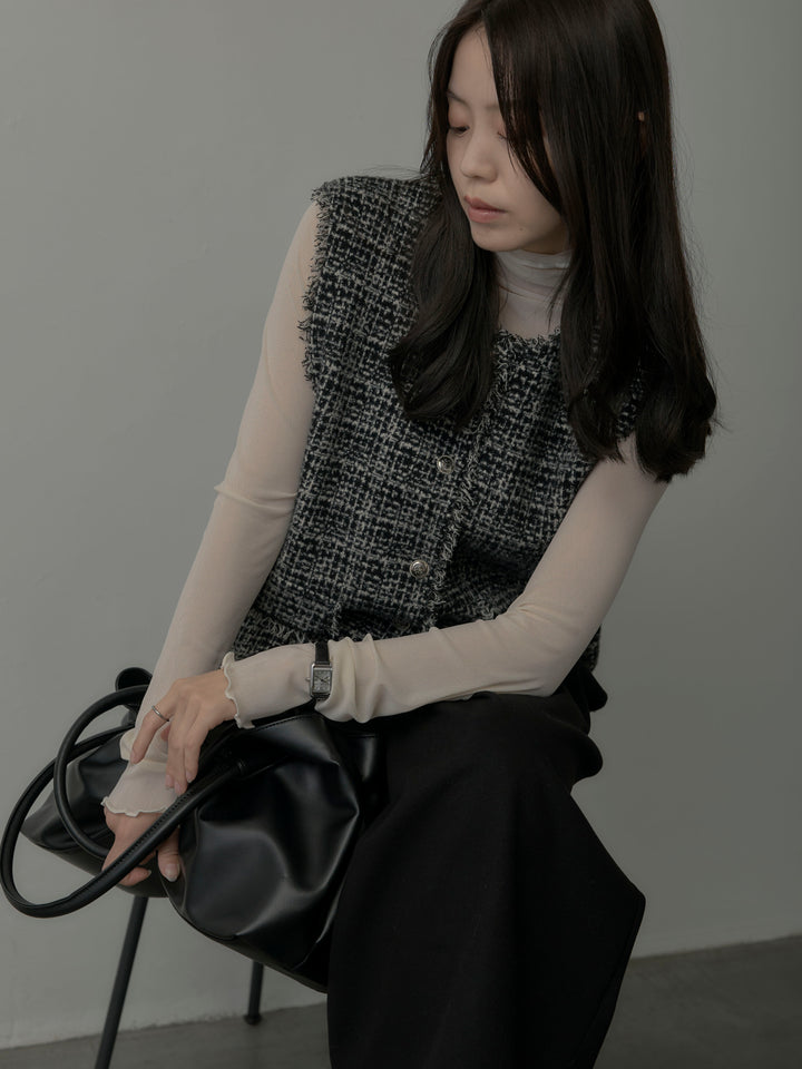 【SET】ツイードフリンジベスト+メロウフリルシアートップス+【ロープベルト付属】ウールタッチワイドパンツ(3set)