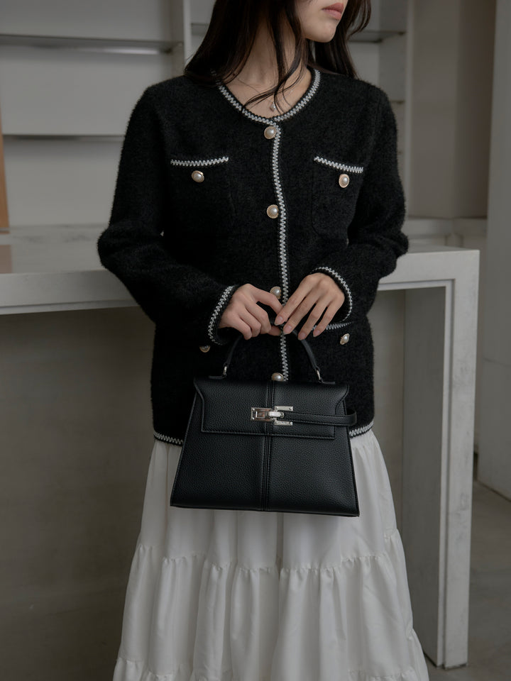 【SET】モヘアタッチパールボタンニットカーディガン+【Essential】ピーチスキンティアードスカート(2set)