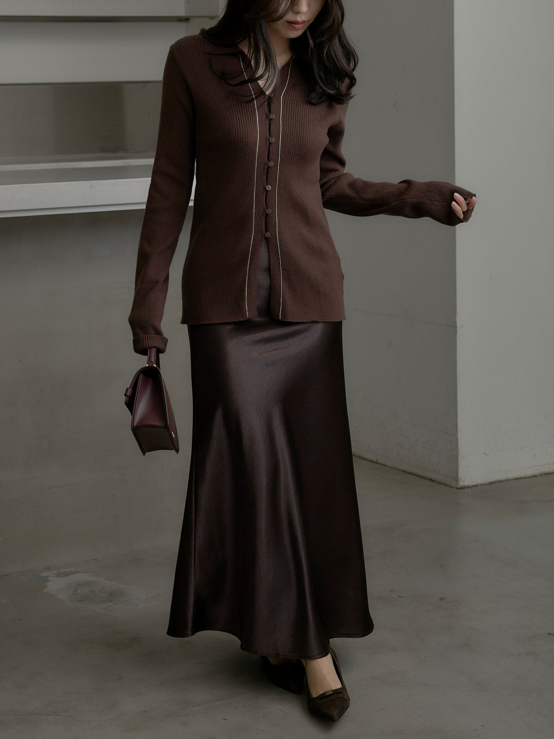 【SET】リブ配色ラインポロニットカーディガン+ナローAラインサテンスカート(2set)