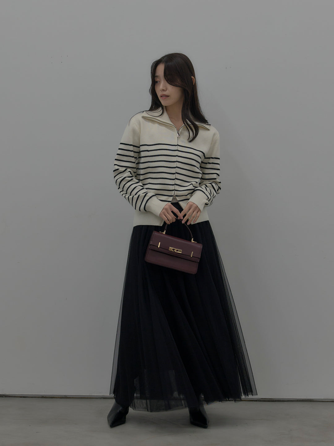 【SET】ダブルZIPハイネックボーダーニットトップス+ボリュームチュールスカート(2set)