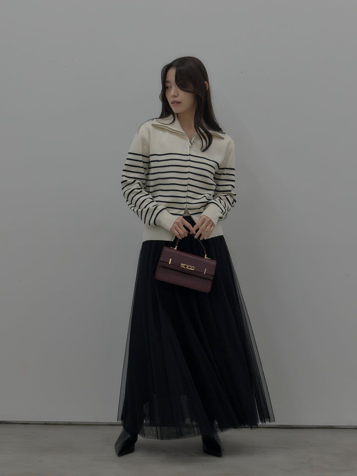 【SET】ダブルZIPハイネックボーダーニットトップス+ボリュームチュールスカート(2set)