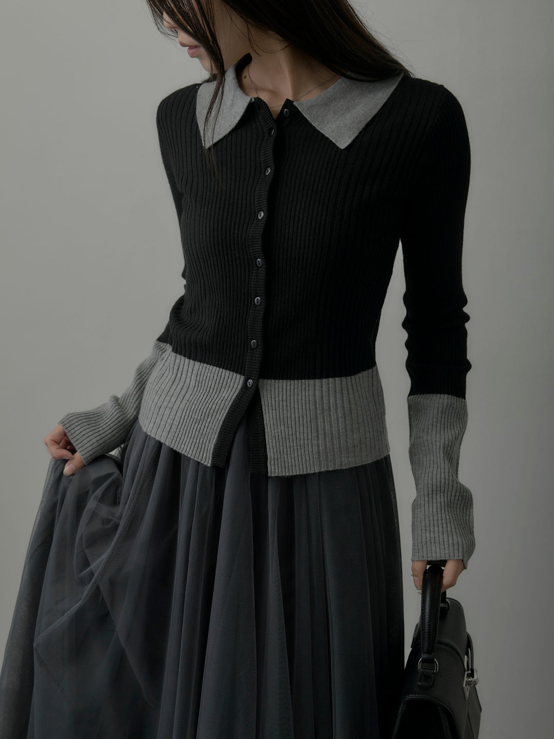 【SET】バイカラーリブニットポロトップス+ボリュームチュールスカート(2set)