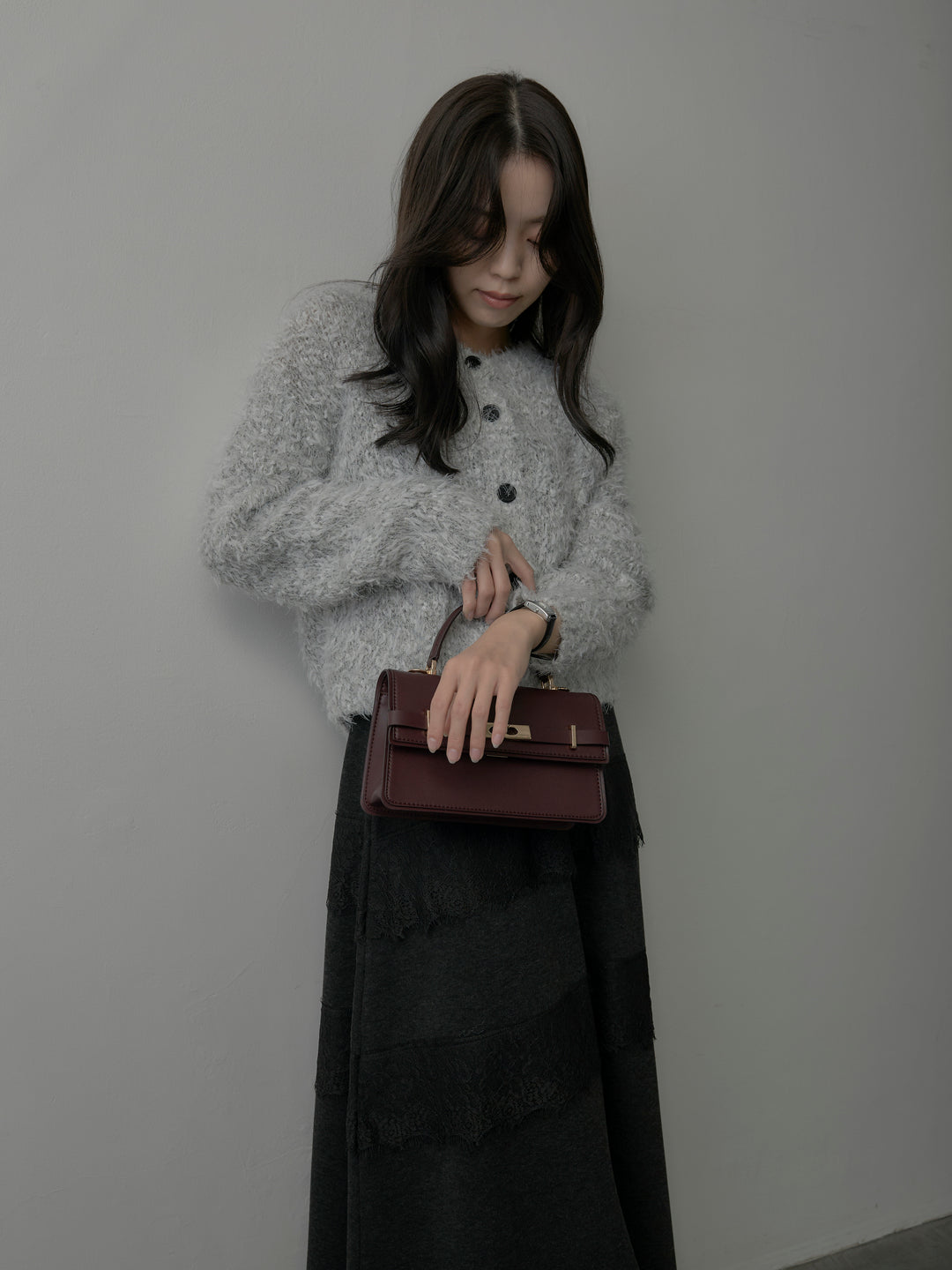 【SET】フェザーループニットカーディガン+レースデザインフレアスカート(2set)