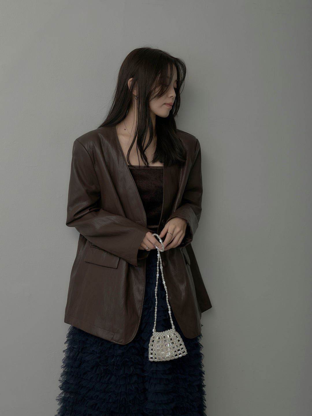 【SET】レザーノーカラージャケット+ドラマチックフリルチュールスカート(2set)