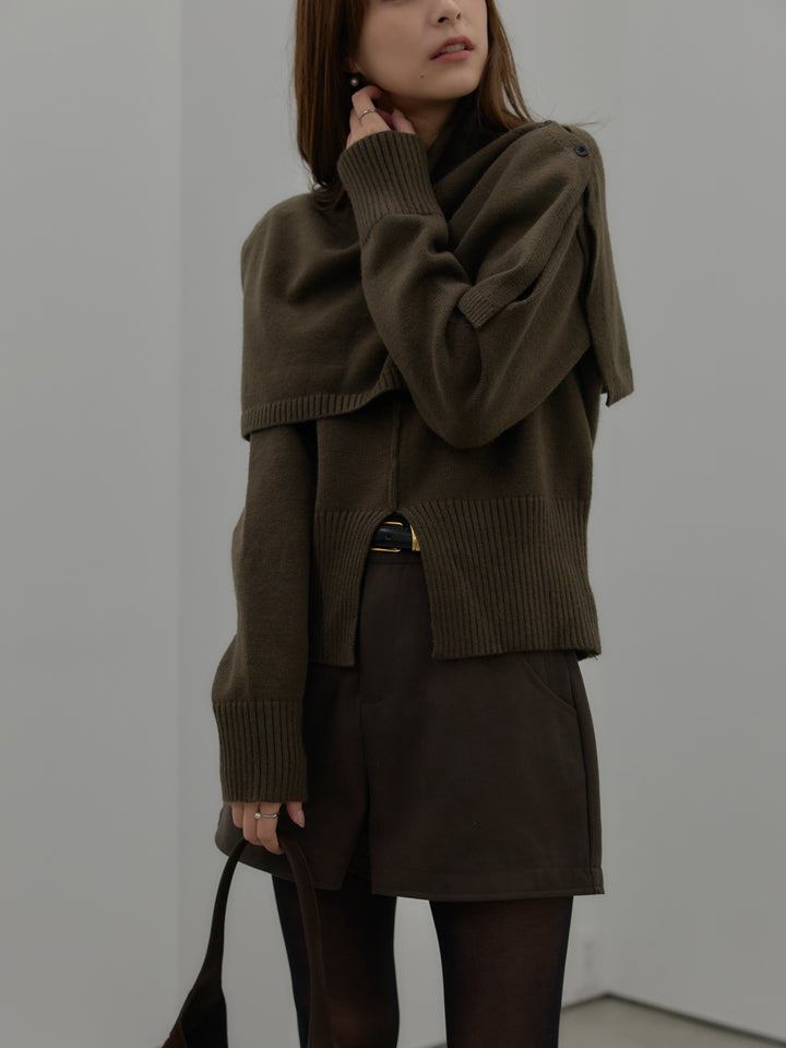 【SET】ケープ付き2WAYフロントスリットニットトップス+ウールタッチミニショートパンツ(2set)