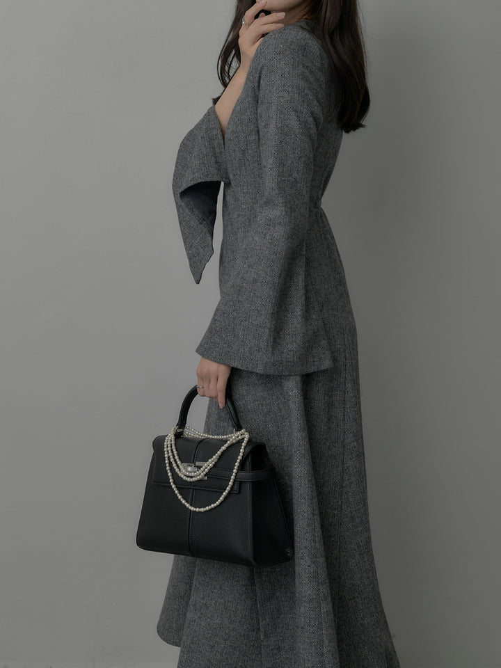 【Essential】2wayスリーブヘリンボーンフレアワンピース