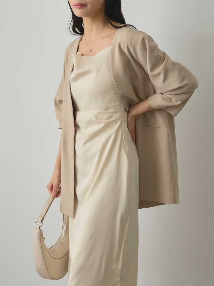 【SET】【Essential】フロントホックノーカラージャケット+【Essential】サテンドレープキャミワンピ(2set)