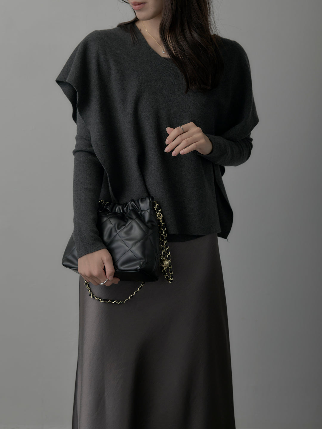 【SET】2wayリブニットポンチョトップス+ヘビーサテンAラインスカート(2set)