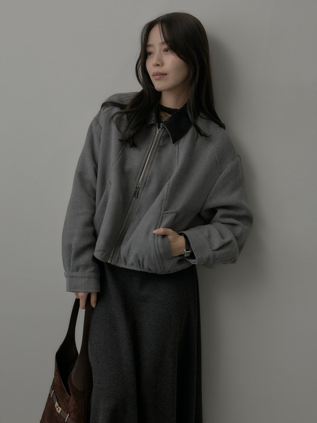 レザー襟ウール混ジップアウター