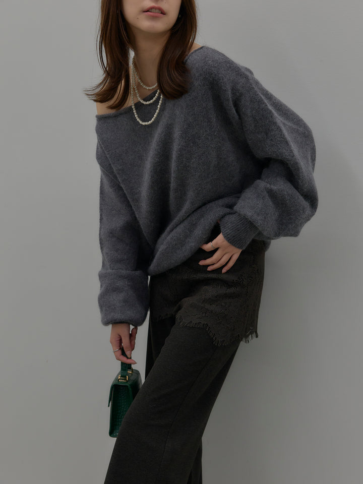 【SET】【premium touch】2wayショルダーニットプルオーバー+レースレイヤードセミフレアパンツ(2set)