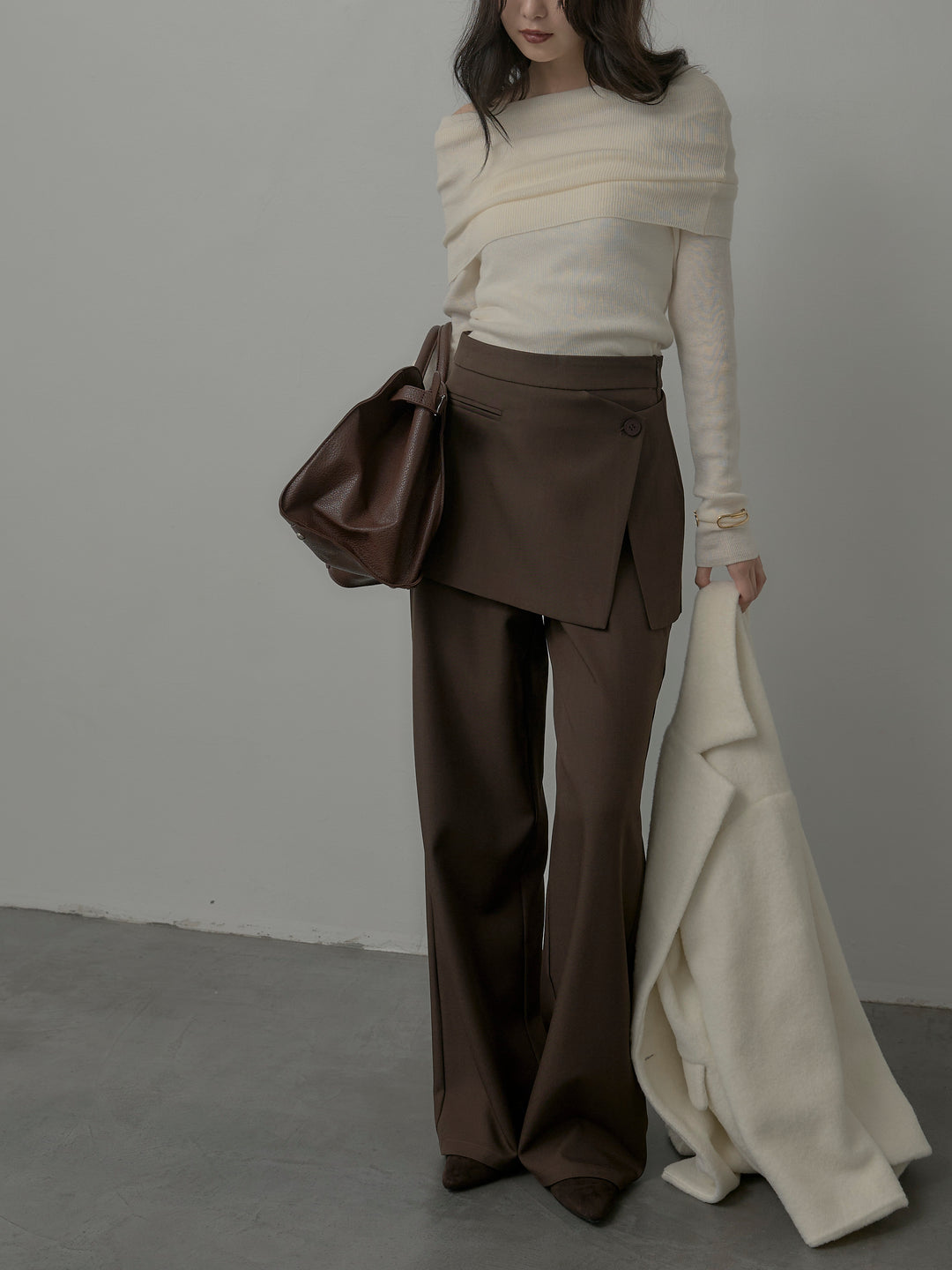 【SET】【Essential】オーバーサイズジャケットコート+オフショルリブニットトップス+ラップワイドパンツ(3set)