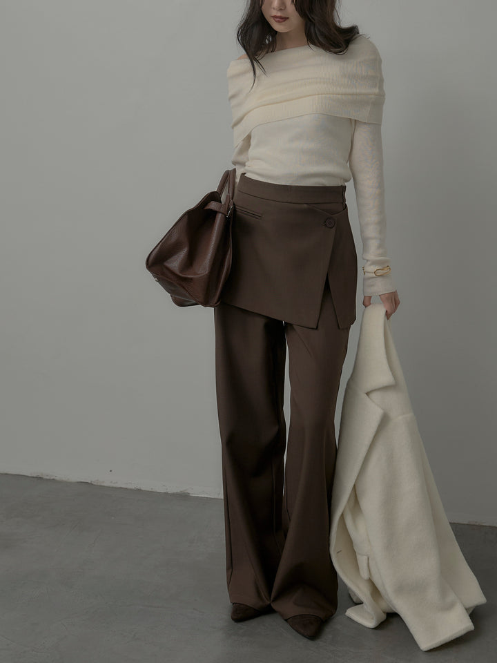 【SET】【Essential】オーバーサイズジャケットコート+オフショルリブニットトップス+ラップワイドパンツ(3set)