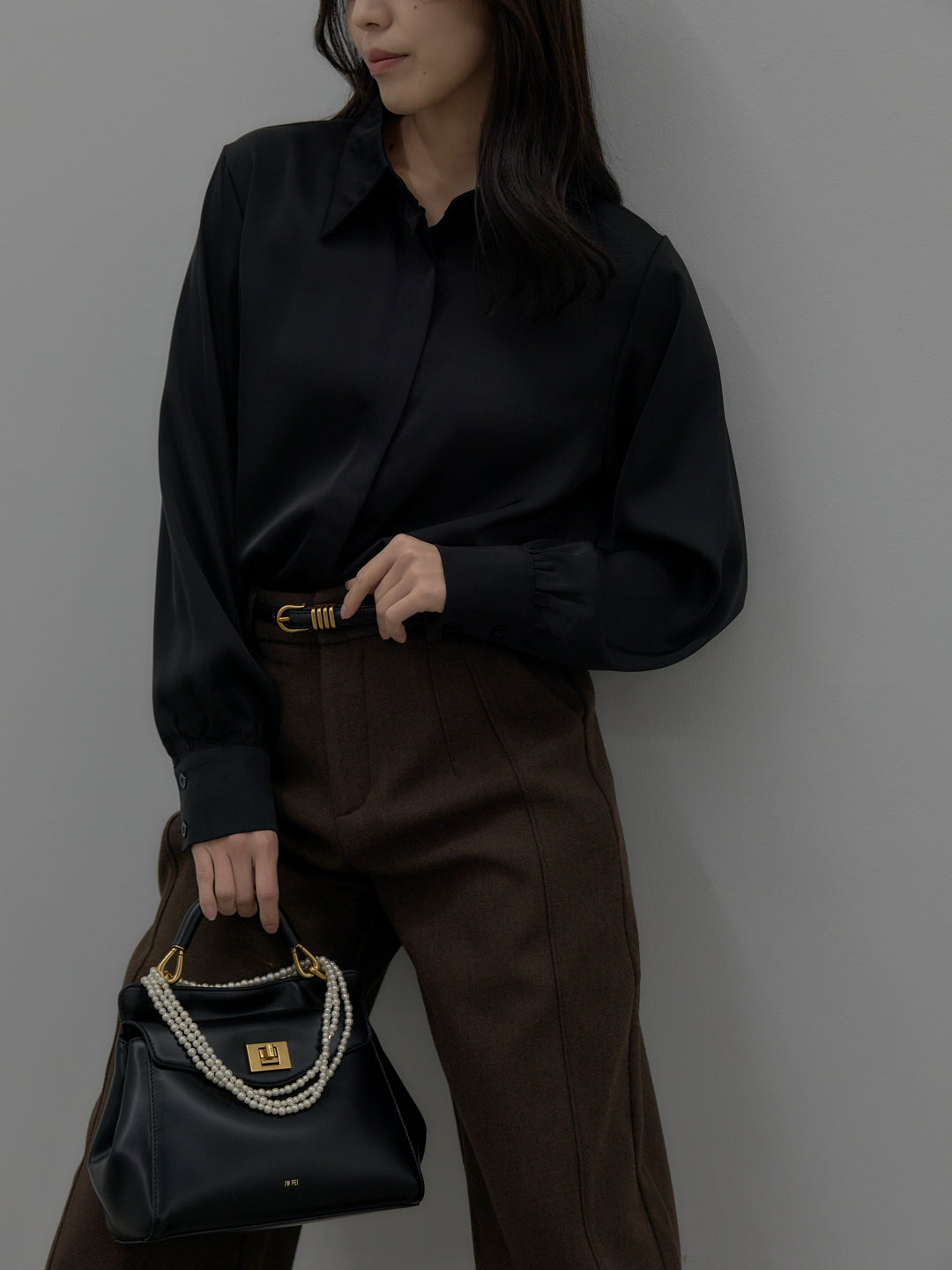 【SET】比翼仕立てサテンシャツ+裏起毛デザインワイドパンツ(2set)