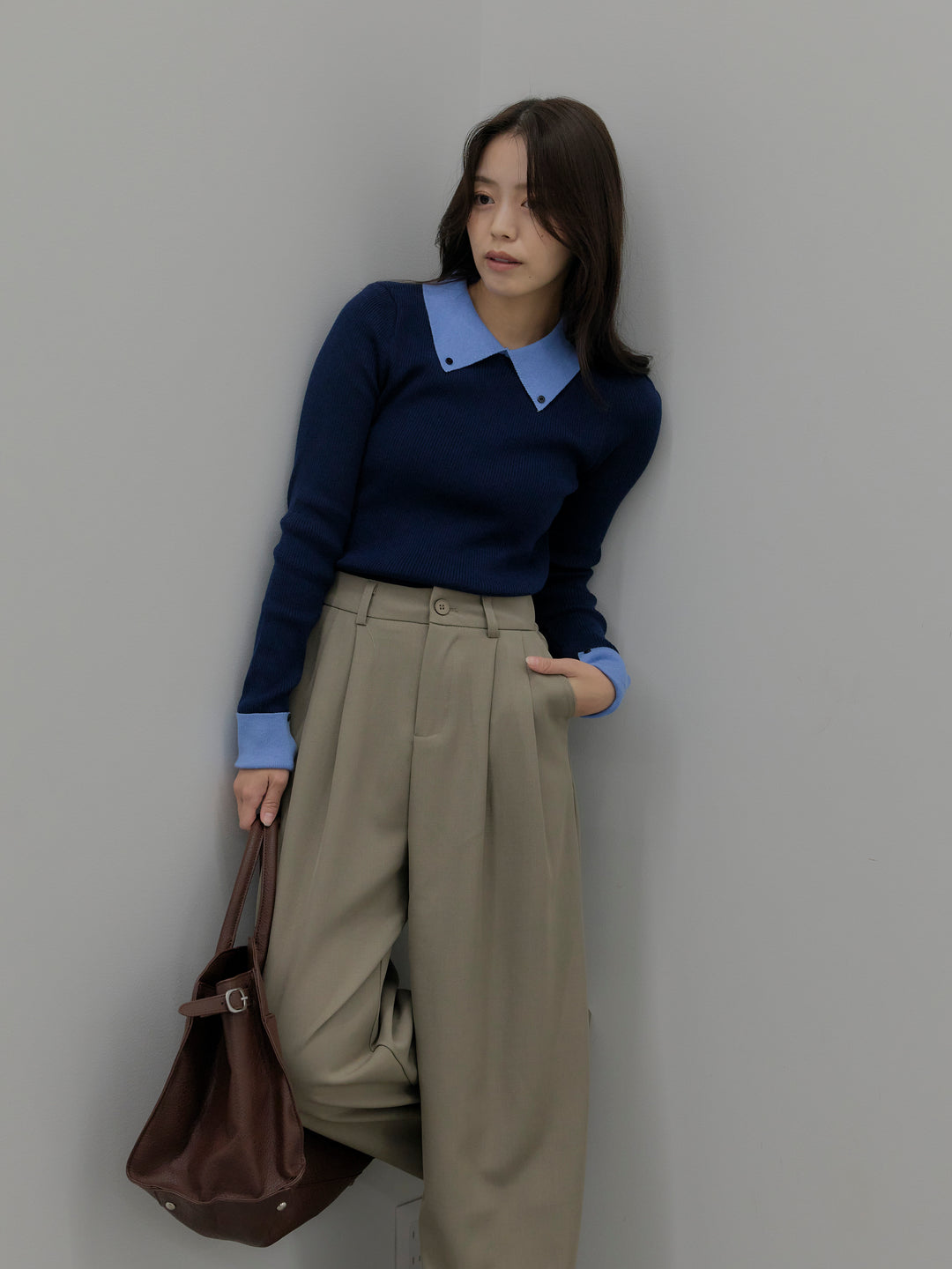 【SET】配色カフスニットポロ+デザインタックワイドパンツ(2set)