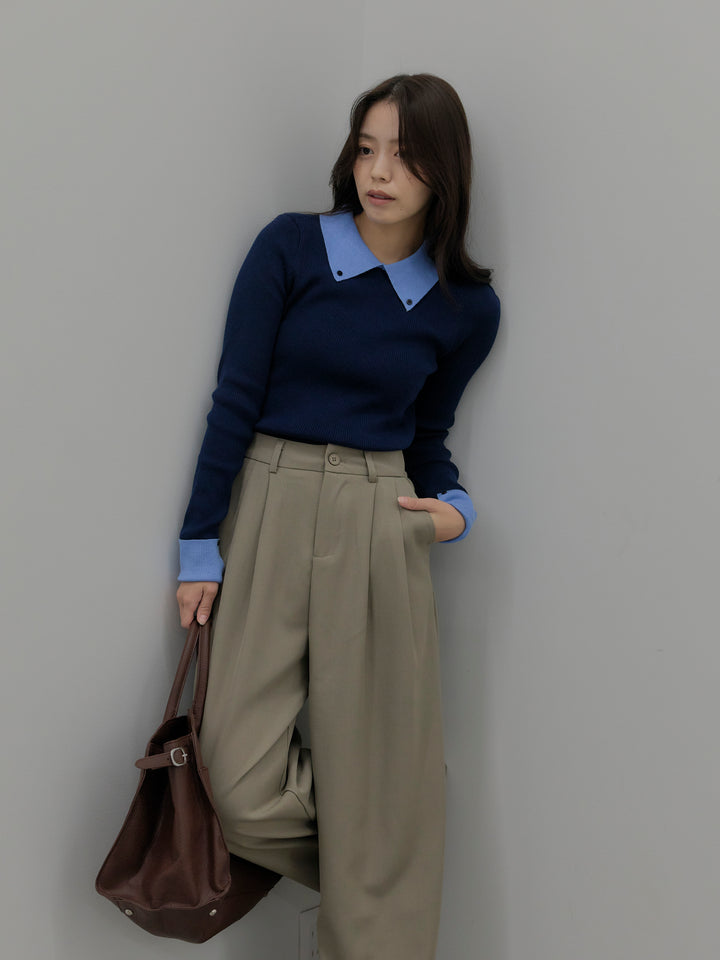 【SET】配色カフスニットポロ+デザインタックワイドパンツ(2set)