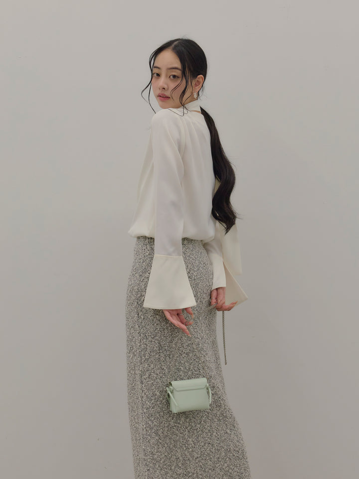 【SET】【Essential】2wayタイ付きベルスリーブサテンブラウス+ツイード風MIXスラブスカート(2set)