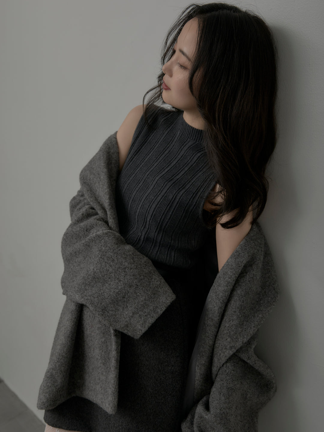 【SET】【Essential】オーバーサイズジャケットコート+プチハイネックリブニットタンク+【Essential】ウールタッチミニスカート(3set)