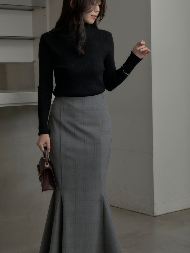 【SET】リブニットタートルネック+【Essential】チェック柄マーメイドスカート(2set)
