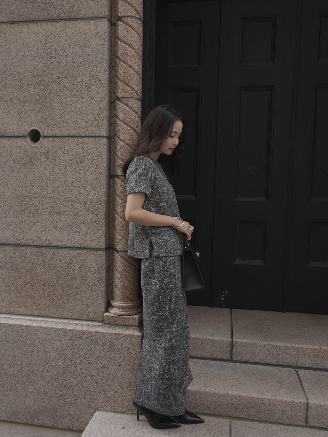 【SET】【Essential】ツイードハーフスリーブトップス+【Essential】ツイードペンシルスカート(2set)