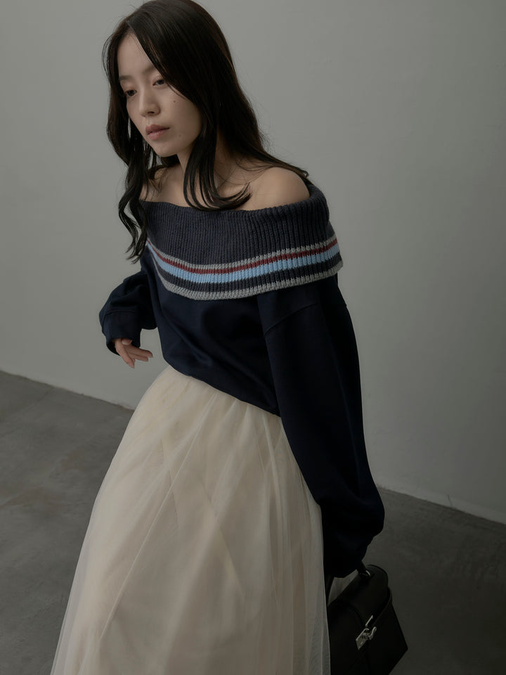 【SET】配色ボーダースウェットオフショルトップス+ボリュームチュールスカート(2set)