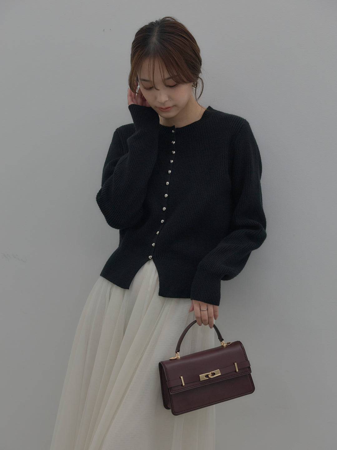 【SET】メタルボタンリブニットカーディガン+ボリュームチュールスカート(2set)