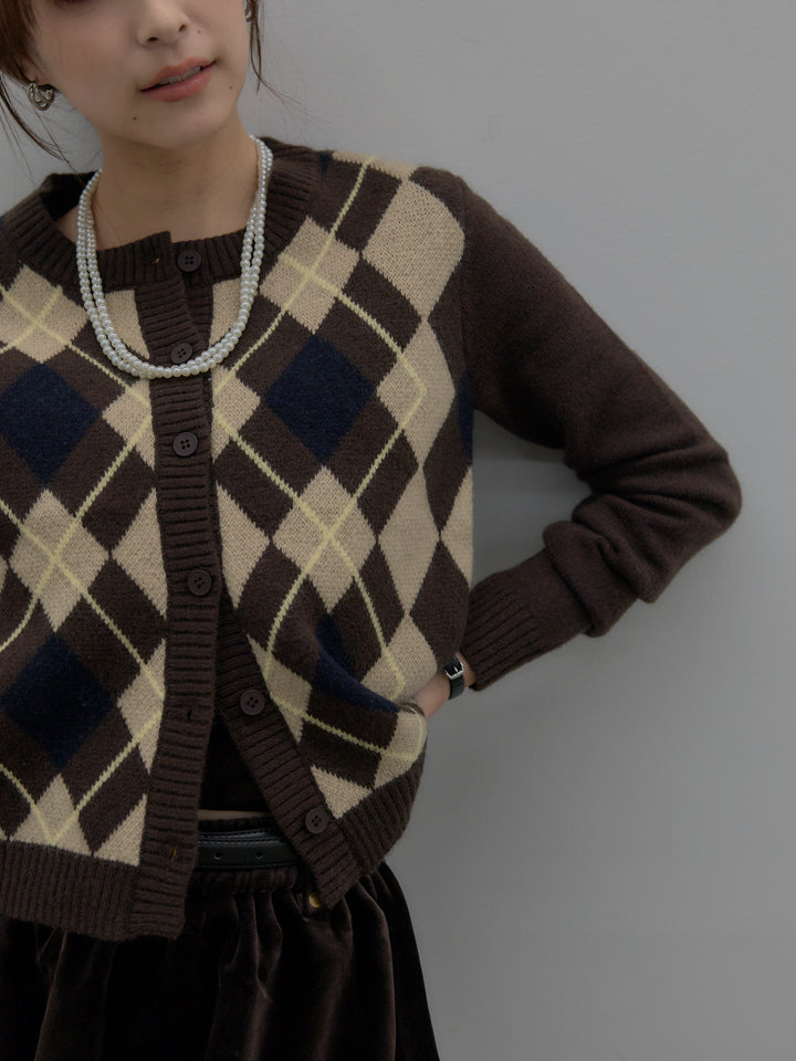 【SET】アーガイル柄コンパクトニットカーディガン+ベロアバルーンミニスカート(インパン付き)(2set)