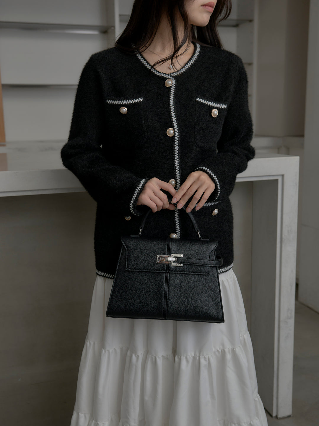 モヘアタッチパールボタンニットカーディガン