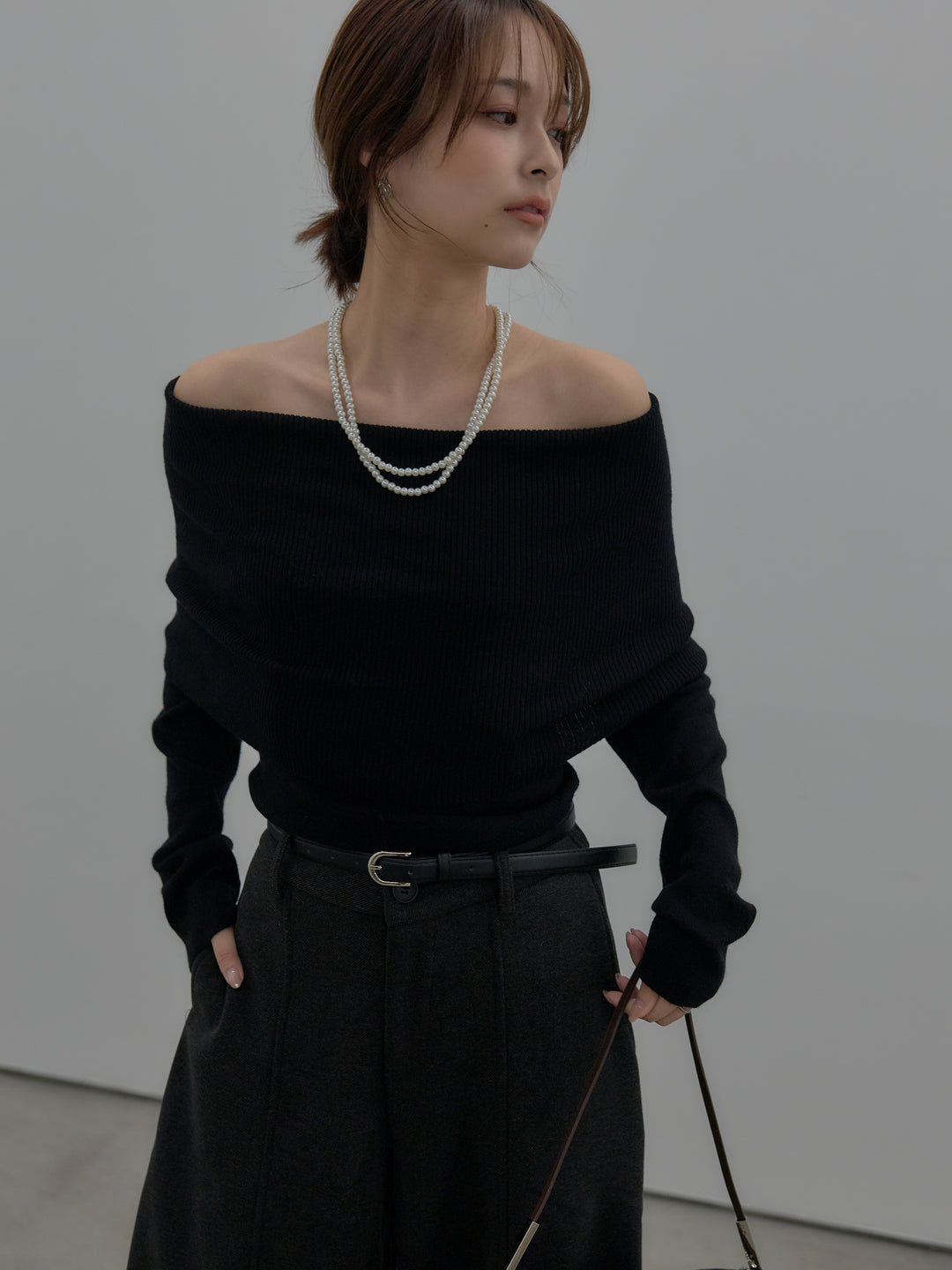 【SET】【premium touch】ソフトリブオフショルニットトップス+カーブデザインスウェットライクパンツ(2set)