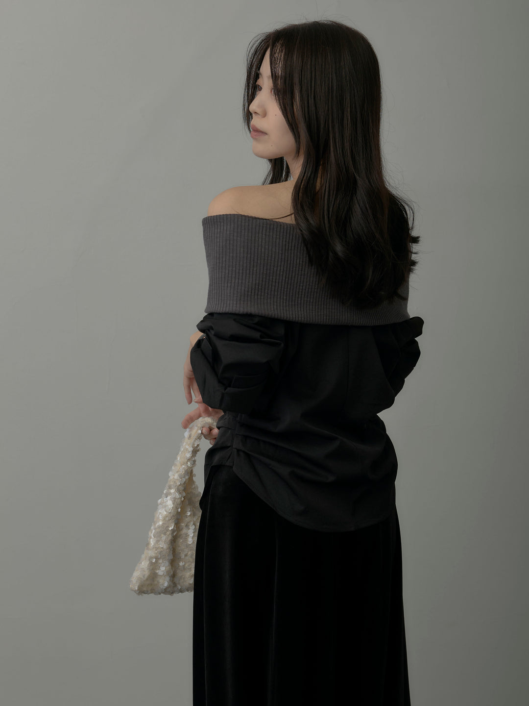 【SET】ニットシャツドッキングオフショルトップス+ベロアフレアロングスカート(2set)