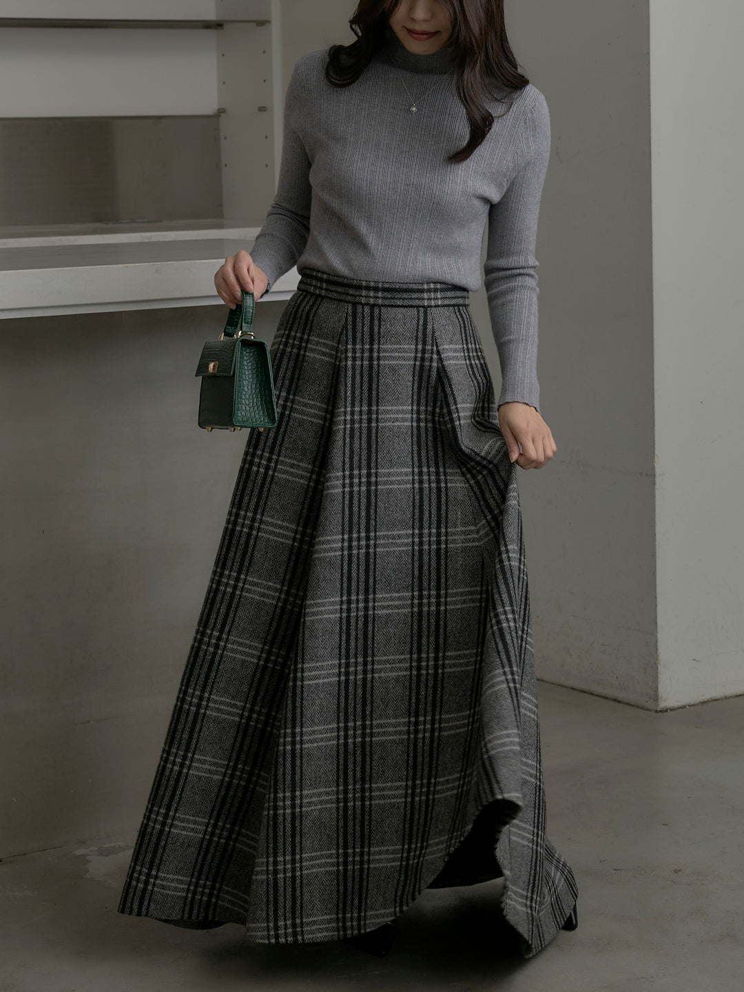 【SET】リブニットタートルネック+【Essential】クラシカルチェックウールタッチスカート(2set)