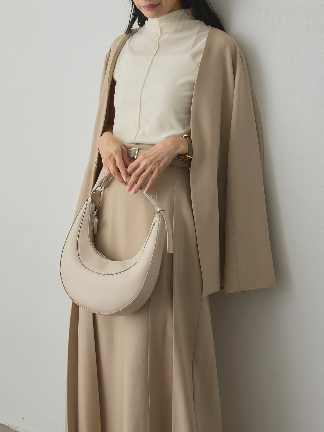 【SET】【Essential】フロントホックノーカラージャケット+メッシュベロアノースリーブトップス+【Essential】ベルト付きサイドタックスカート(3set)