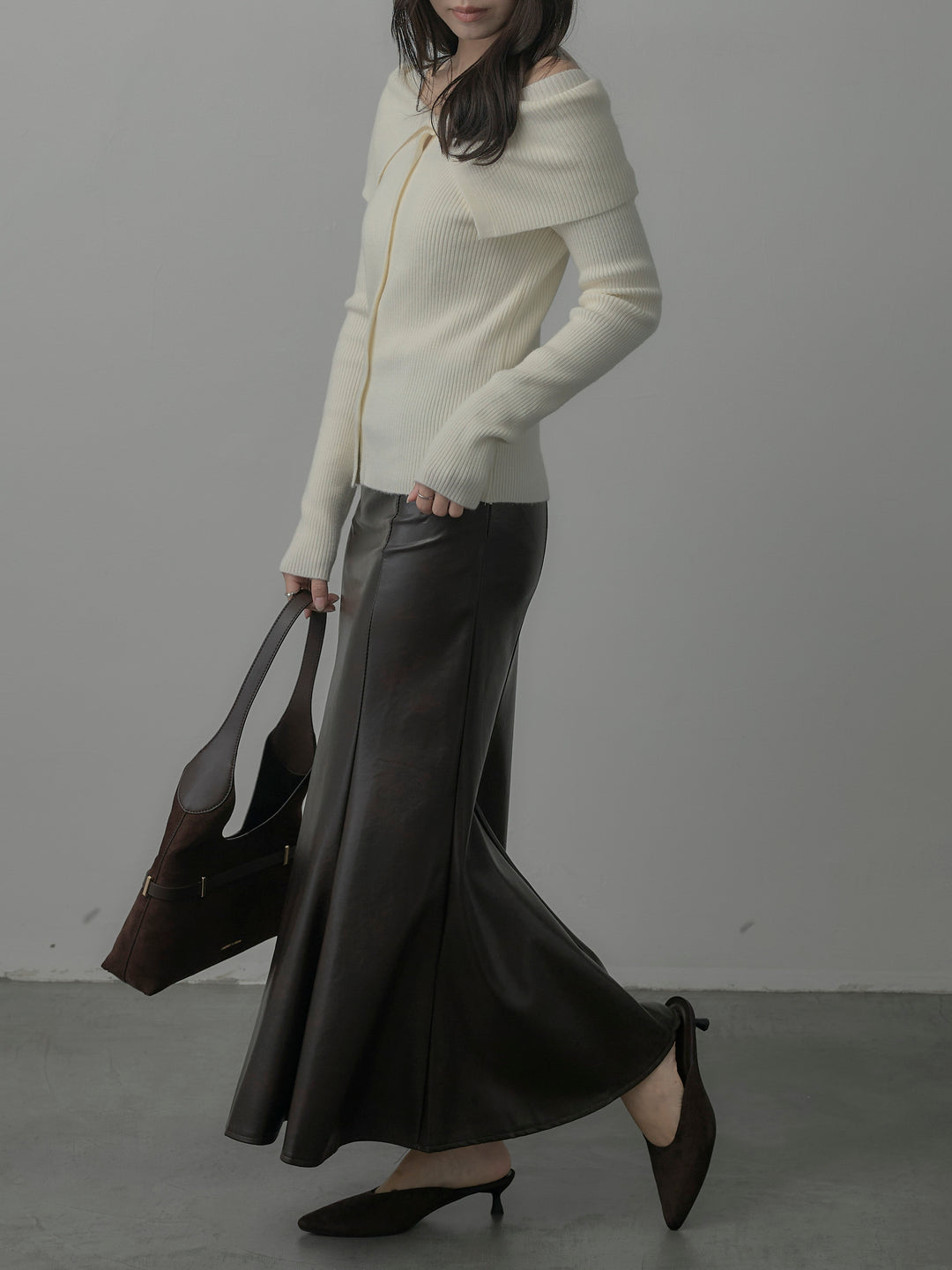 【SET】オフショルライクリブニットトップス+レザーマーメイドスカート(2set)