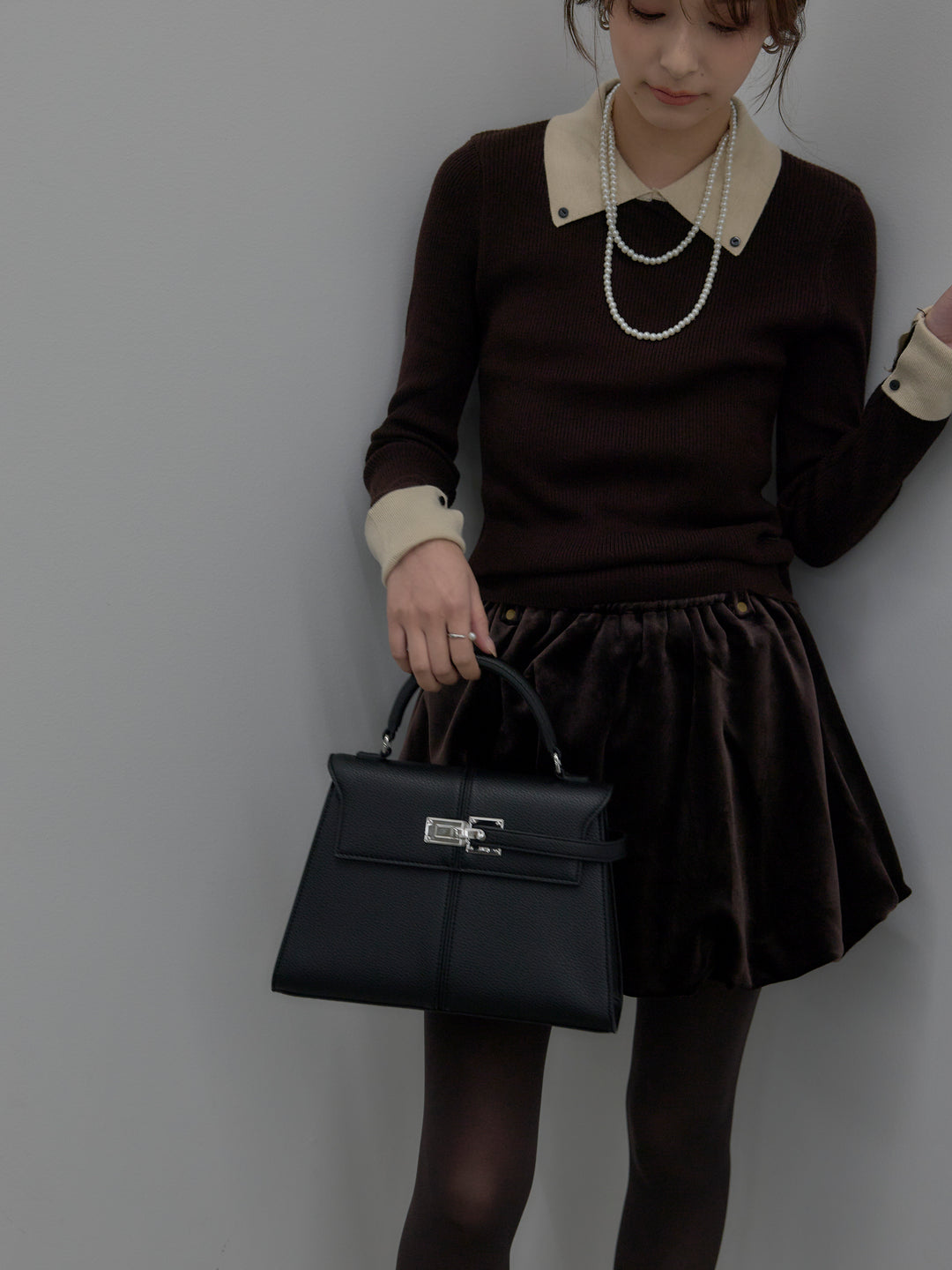 【SET】配色カフスニットポロ+ベロアバルーンミニスカート(インパン付き)(2set)