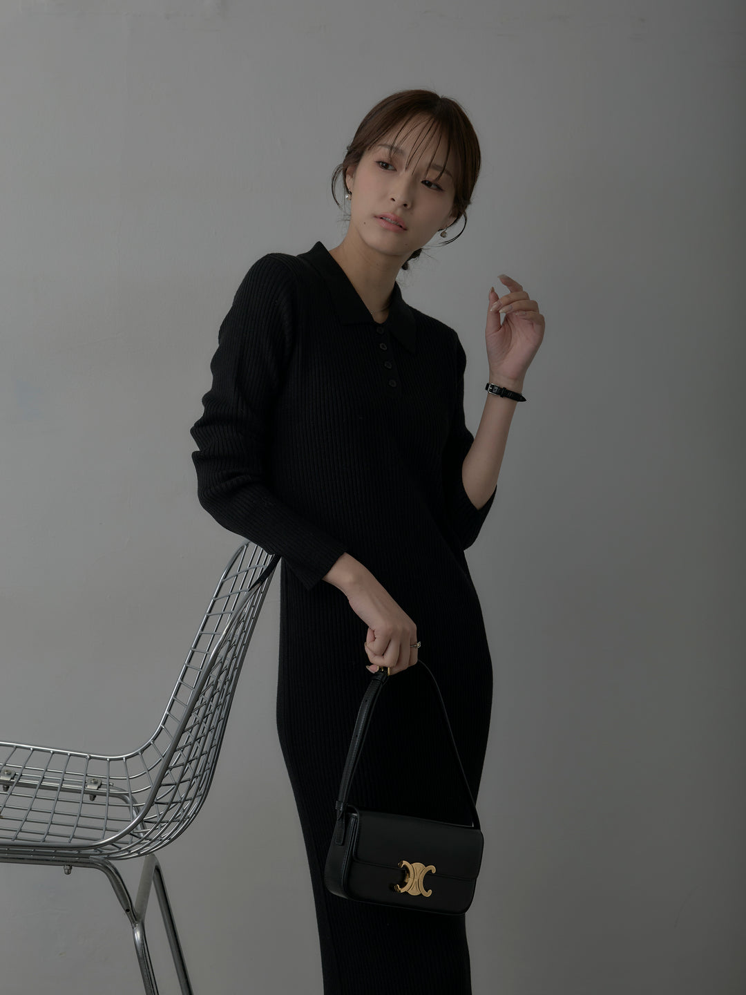 ポロ襟リブニットワンピース