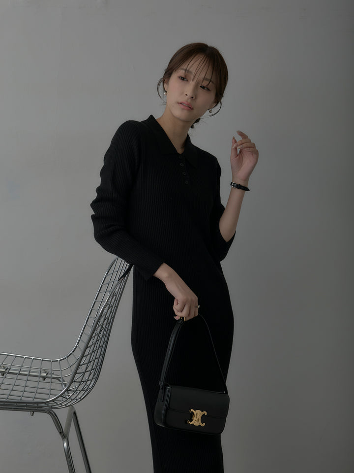 ポロ襟リブニットワンピース