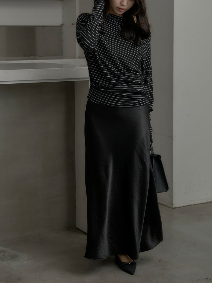 【SET】2wayショルダーボーダートップス+ナローAラインサテンスカート(2set)