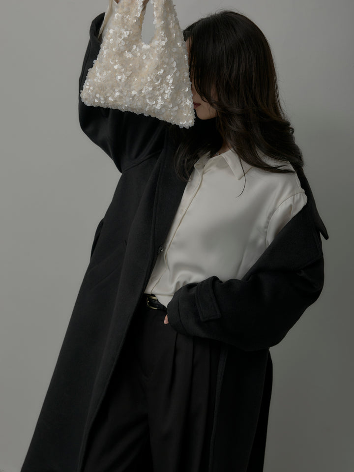 【SET】【Essential】ソフトウールリバートレンチコート+ケープ付きオーバーサテンシャツ+【Essential】３タックスラックス(3set)