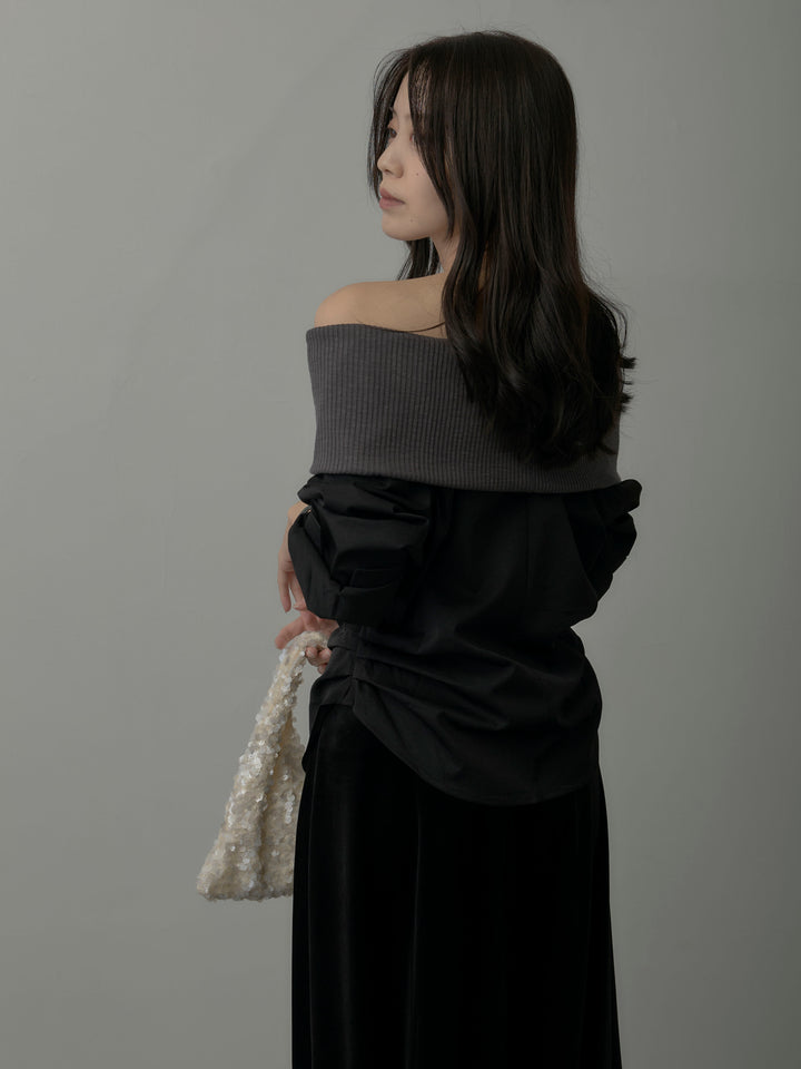 ニットシャツドッキングオフショルトップス