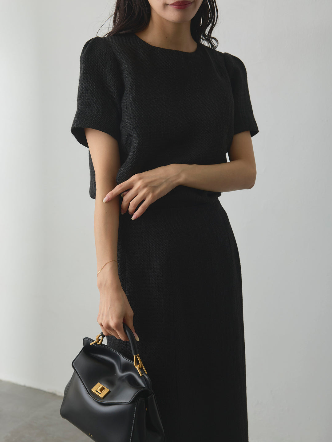 【SET】【Essential】ツイードハーフスリーブトップス+【Essential】ツイードペンシルスカート(2set)