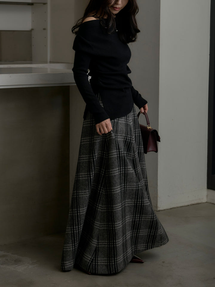【SET】サイドスリットボートネックニットトップス+【Essential】クラシカルチェックウールタッチスカート(2set)