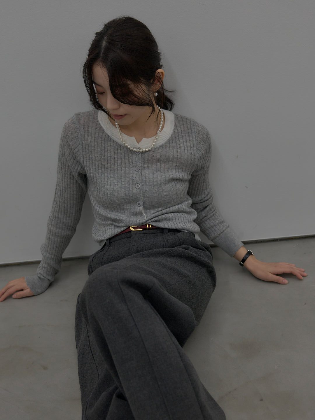 【SET】配色ケーブル編みニットトップス+裏起毛デザインワイドパンツ(2set)