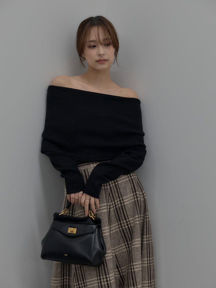 【SET】【premium touch】ソフトリブオフショルニットトップス+【Essential】クラシカルチェックウールタッチスカート(2set)