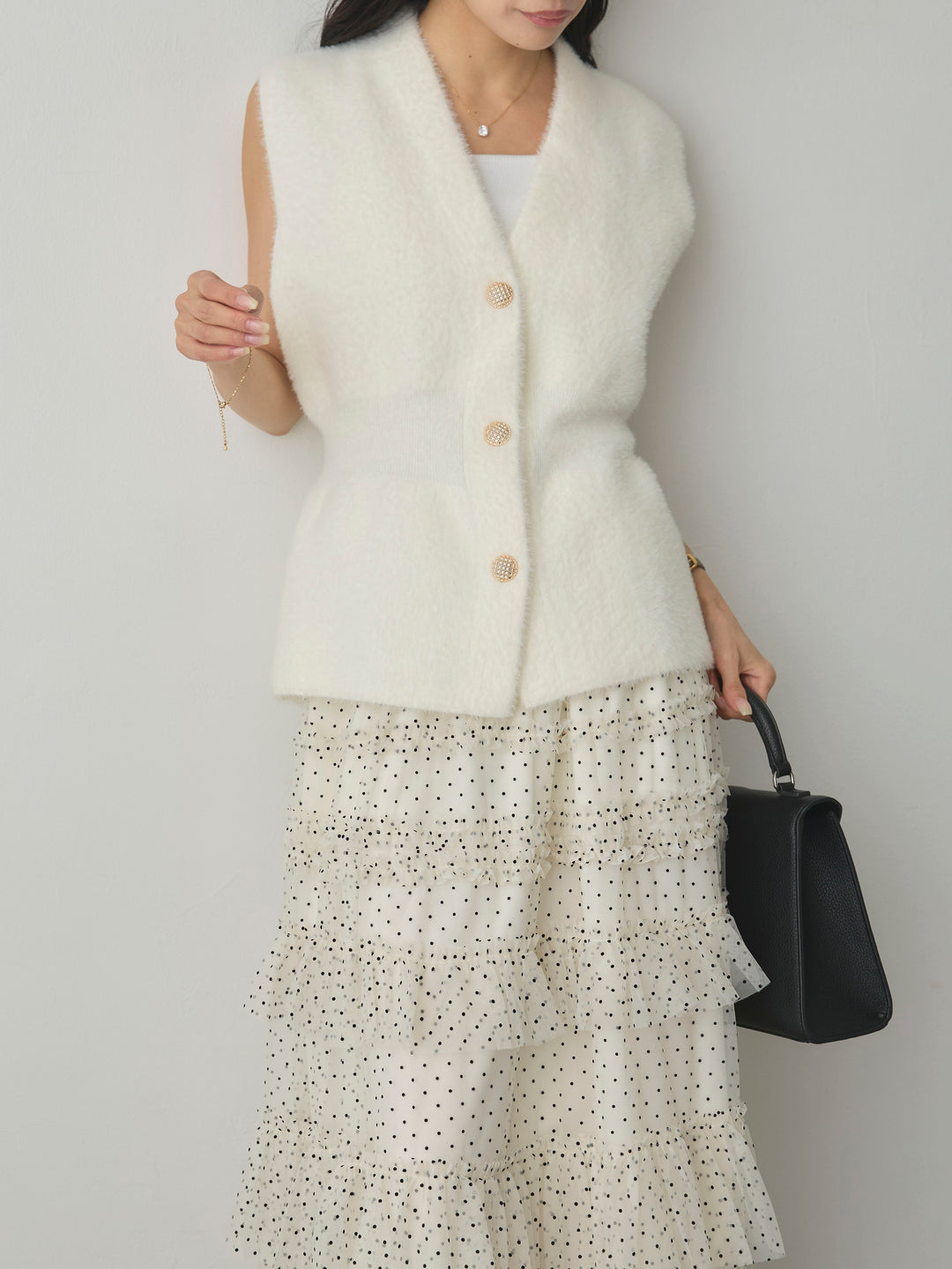 【SET】シャギーニットペプラムベスト+ドットチュールティアードスカート(2set)