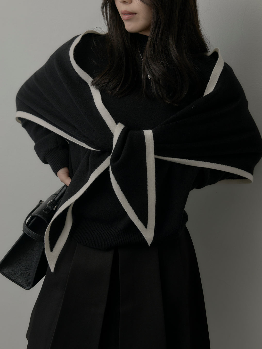 【SET】配色スカーフ付きニットトップス+ベルト付きプリーツミニスカート(2set)