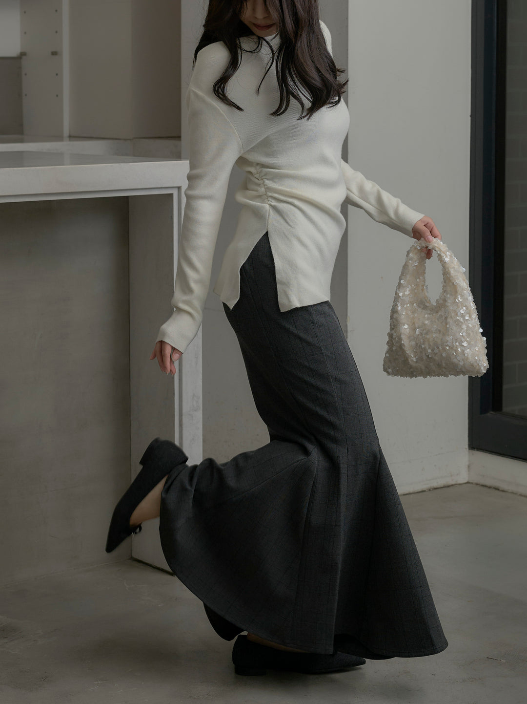 【SET】サイドスリットボートネックニットトップス+【Essential】チェック柄マーメイドスカート(2set)