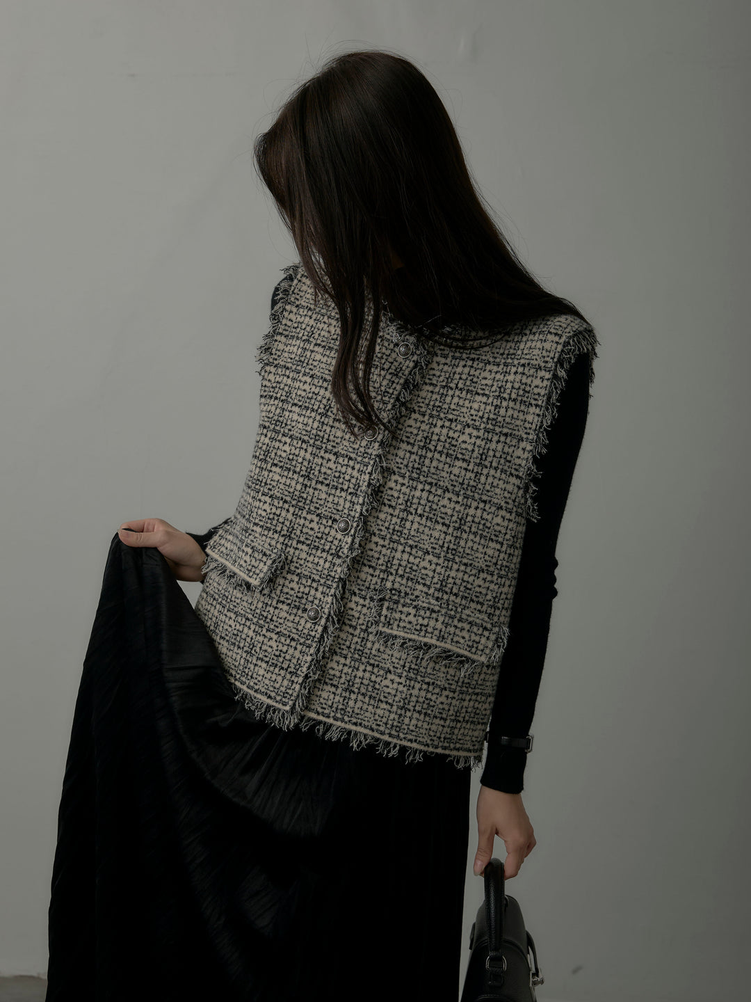 【SET】ツイードフリンジベスト+リブニットタートルネック+ベロアワッシャープリーツスカート(3set)