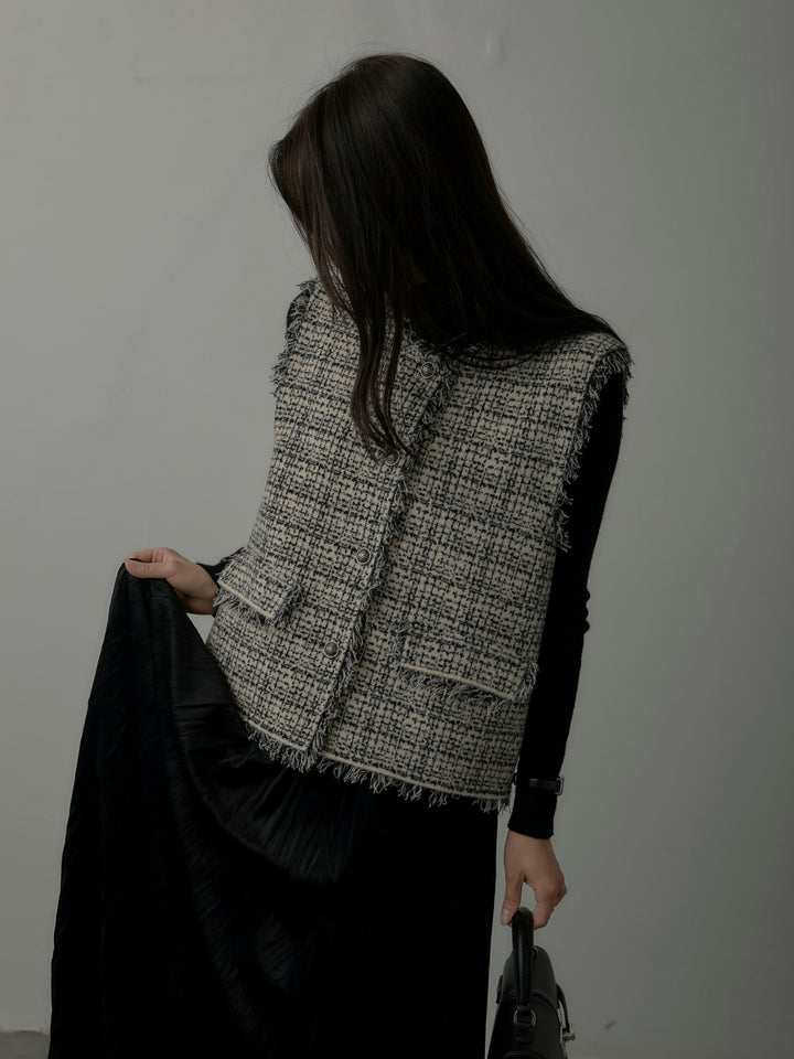 【SET】ツイードフリンジベスト+リブニットタートルネック+ベロアワッシャープリーツスカート(3set)