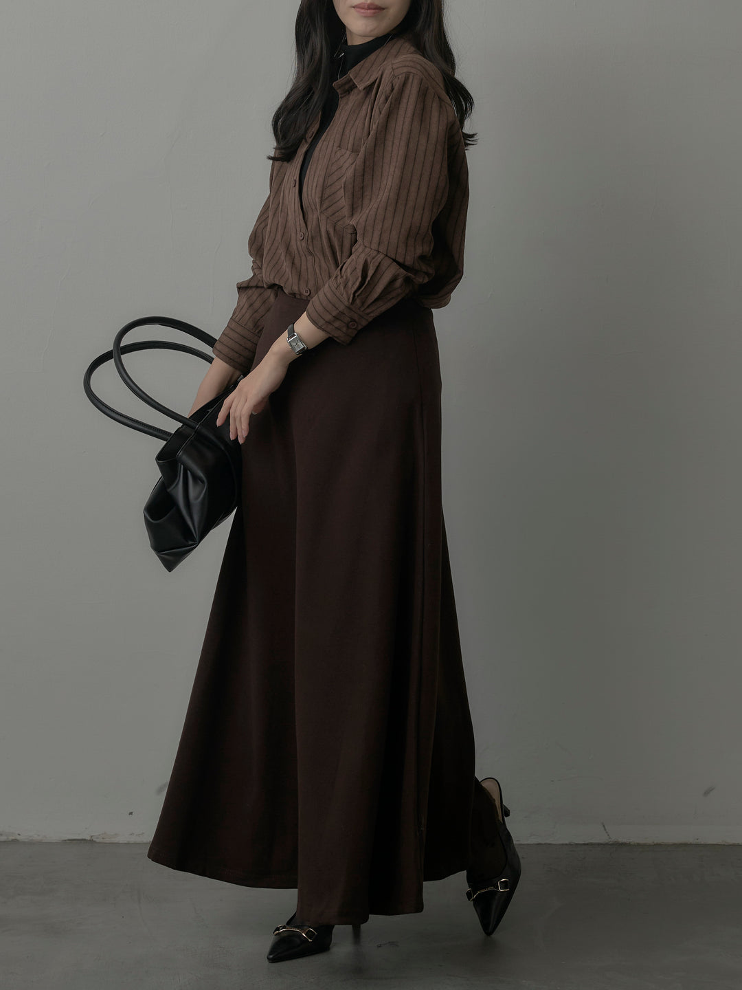 【SET】スエードタッチドッキングデザインストライプシャツ+リラクシーフレアロングスカート(2set)