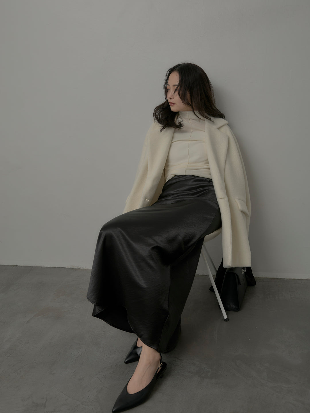 【SET】【Essential】オーバーサイズジャケットコート+メッシュベロアノースリーブトップス+ナローAラインサテンスカート(3set)