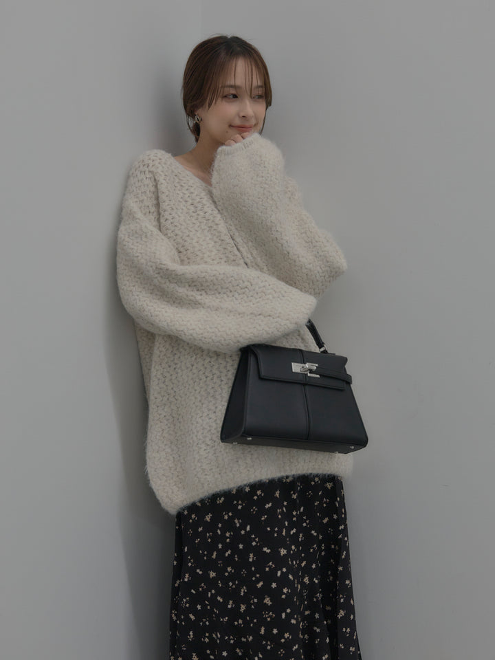 【SET】ラメ糸ローゲージ編みオーバーニットトップス+フラワーパターンマーメイドフレアスカート(2set)